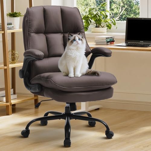 Comfy Office Chair Soft and Double Cushioned Ergonomic Computer Desk Chairs for Long Hours Executive Office Chair with Flip-up Armrests and Height Adjustment for Home Office Brown by Ergazivy