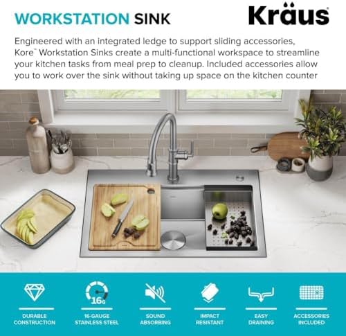 KRAUS Kore 32-Inch Drop In/Undermount Workstation 18 Gauge Single Bowl Stainless Steel Kitchen Sink with Accessories, KWT300-32 - Image 3