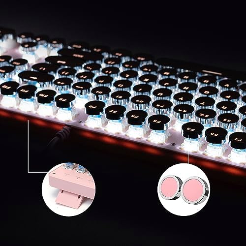 YSCP Typewriter Style Mechanical Gaming Keyboard White Backlit Wired with Blue Switch Retro Round Keycap 104 Keys Keyboard (Pink) - Image 7