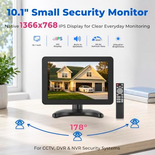 othoig 10.1 Inch Security Monitor, 1366x768 IPS Small HDMI Monitor with Built-in Speakers and Remote Control, HDMI VGA BNC AV Inputs and USB Port for CCTV Surveillance, DVR, NVR, PC, Raspberry Pi - Image 2