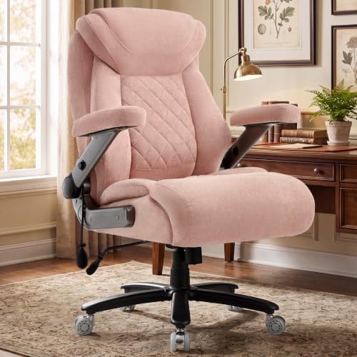 600LBS Large Big and Tall Office Chair, Heavy Duty Wide Ergonomic Gaming Office Chair with 5D Flip Arms, Comfy Fabric Executive Office Desk Chair, Extra Wide Padded Seat, Adjustable Lumbar, Pink by Unknown