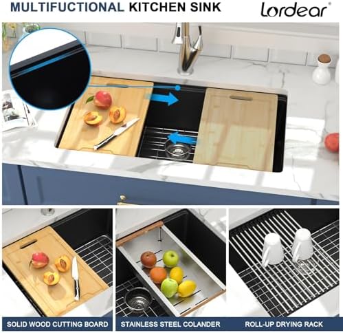 Lordear 33 Black Kitchen Sink Granite Composite Undermount Sink 33x19 Inch Quartz Composite Black Deep Single Bowl Workstation Undermount Kitchen Sinks - Image 5