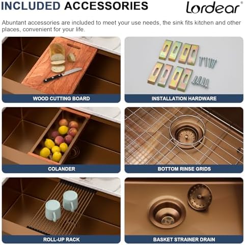 Lordear 36x21Inch Copper Tone Farmhouse Kitchen Sink Workstation SUS304 16-Gauge Stainless Steel Farmhouse Sink Apron Fron Farm Style Undermount Sinks, 36"x21"x10" - Image 7