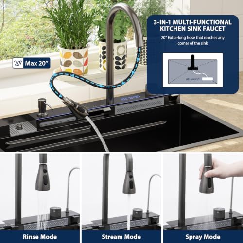 Lordear 33 Inch Black Drop In Smart Kitchen Sink with Waterfall Faucet - Image 6