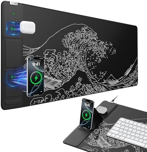Wireless Charging Mouse Pad with Phone Holder, 31.5"x15.8" in, Black Wave by abcmat