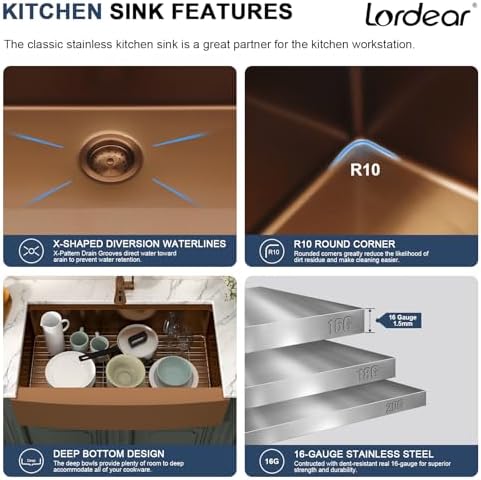 Lordear 36x21Inch Copper Tone Farmhouse Kitchen Sink Workstation SUS304 16-Gauge Stainless Steel Farmhouse Sink Apron Fron Farm Style Undermount Sinks, 36"x21"x10" - Image 6