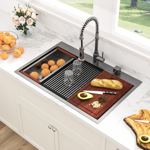 Sarlai 33 Black Kitchen Sink Drop In - 33" x 22" Kitchen Sink Drop In Workstation Topmount Gunmetal Black Stainless Steel 16 Gauge Single Bowl Over Counter Sinks Basin - Image 2