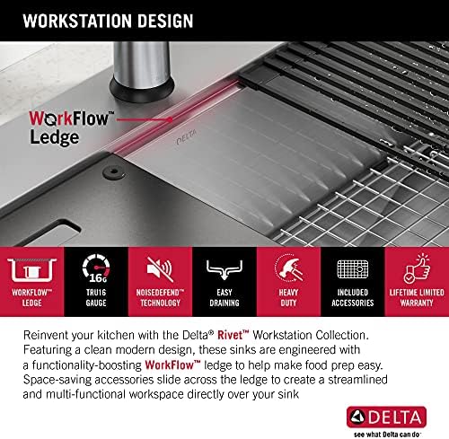 DELTA FAUCET Rivet 33-Inch Workstation Kitchen Sink Drop-In Top Mount 16 Gauge Stainless Steel 50/50 Double Bowl with WorkFlow Ledge and Chef’s Kit of 8 Accessories, 95A931-33D-SS - Image 5