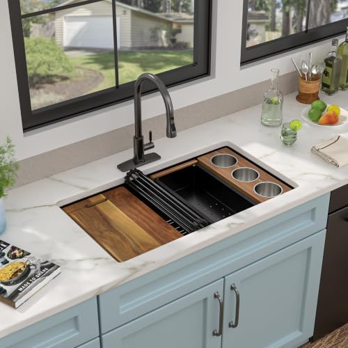30" x 19" Undermount Matte Black Workstation Kitchen Sink - Image 2