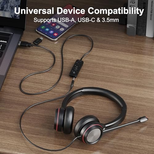 USB Headset with Microphone for PC, 3.5mm & USB A/Type C Wired Computer Headset, Corded PC Headphone with Noise Cancelling Mic, Office Headphones for Business Call Center Teams Laptop - Image 5