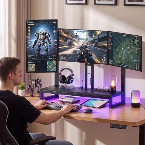 YAOHUOO Monitor Arm with LED,Adjustable Desk Monitor Mount for 3 Screens, Heavy Duty Fully Stand Riser with Clamp, Storage Shelf for Office,Living Room - Image 5
