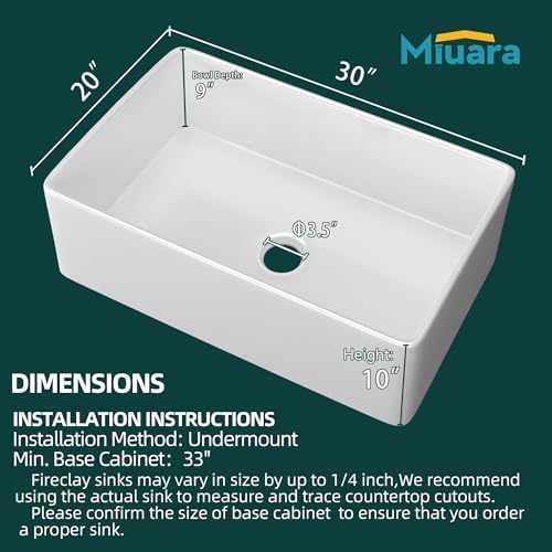 Miuara Farmhouse Sink 30 x 20 Inch White Fireclay Apron Front Kitchen Sink - Image 3