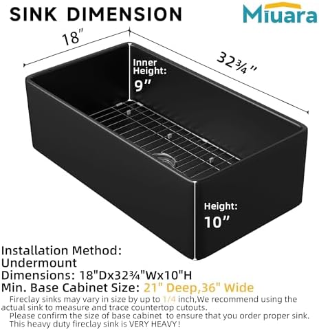 Miuara Farmhouse Sink 33 x 18 Inch Black Fireclay Apron Front Kitchen Sink - Image 3