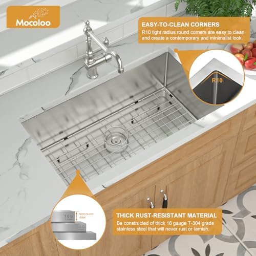 Mocoloo 33 Undermount Kitchen Sink - 33 x 19 Inch Kitchen Sink Undermount Stainless Steel 16 Gauge Single Bowl Under Counter Handmade with Offset Drain, 10'' Deep Basin - Image 4