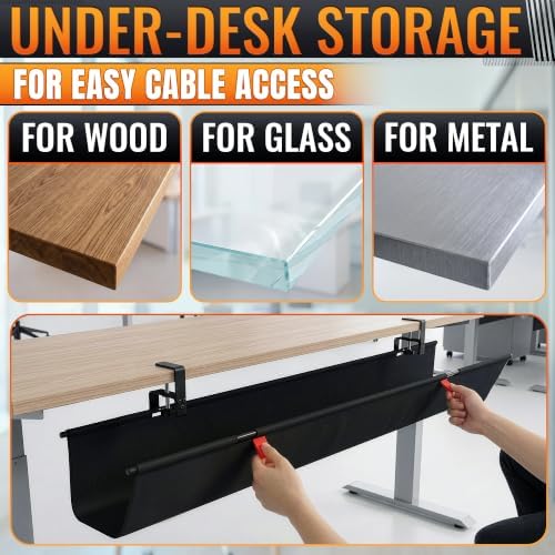 Under Desk Cable Management Tray 36" — No Drill Clamp-On Cord Organizer for Desk with Built-in Ties, Heavy Duty Metal Clamp, Foldable 600D Oxford Fabric for Home Office, WFH & Gaming PC Setup (Black) - Image 6