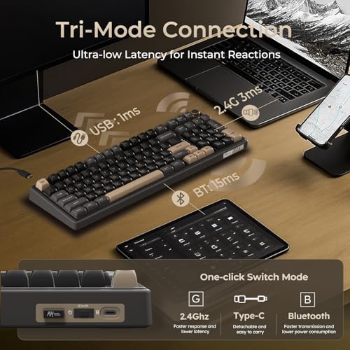 RK ROYAL KLUDGE R98 Pro Wireless Mechanical Keyboard, Creamy Bluetooth/2.4GHz/Wired RGB Gaming Keyboard with Number Pad and Knob, MDA Profile PBT Keycaps, Gasket Hot Swappable Linear Switch, Black - Image 3