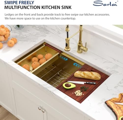Sarlai 32 Gold Undermount Kitchen Sink 32" x19" Gold Sinks Workstation - Image 5