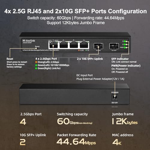 MokerLink 4 Port 2.5G Managed Switch with 2 Port 10G SFP+ Slot, 4 x 2.5Gigabit Base-T Ports Compatible with 10/100/1000Mbps, Mini Size Metal Web Managed Fanless Network Switch - Image 4