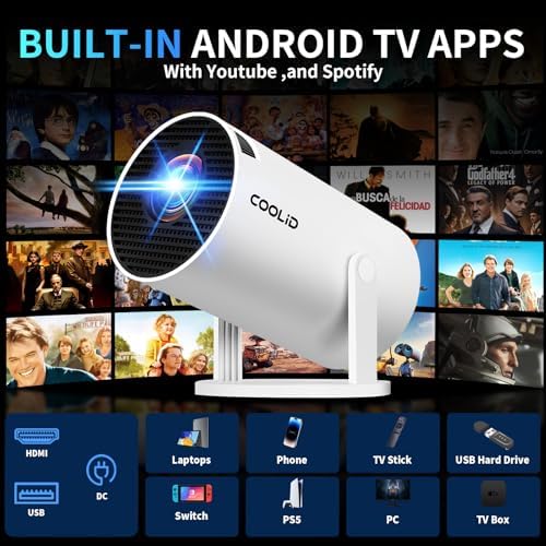 [Built-in Apps & 2026 Upgraded] Mini Projector Support 4K 1080P Auto Keystone 180° Rotatable with WiFi 6 and Bluetooth 5.4, Projector Portable Compatibile with HDMI/TV Stick/Memory Stick/Laptop-White - Image 3