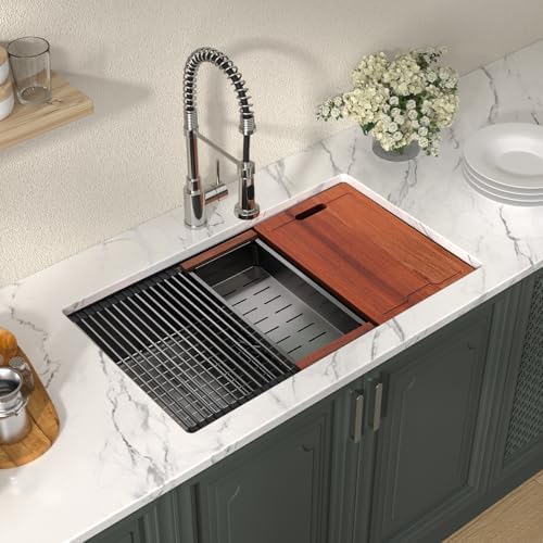 Lordear 32 Undermount Kitchen Sink 32X19 Inch Sinks Ledge Workstation Gunmetal Black 16 Gauge Stainless Steel Single Bowl Under Counter Kitchen Sink Basin with Built- in Accessories - Image 2