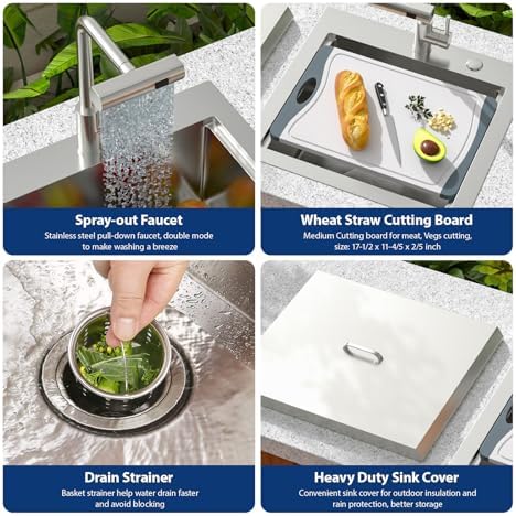 Sarlai Outdoor Sink - 21 x 20 Inch Drop In Workstation Kitchen Sink with Dust Lid and Faucet 16 Gauge Stainless Steel Single Bowl Bar Basin with Cutting Board BBQ Basin Outside - Image 7