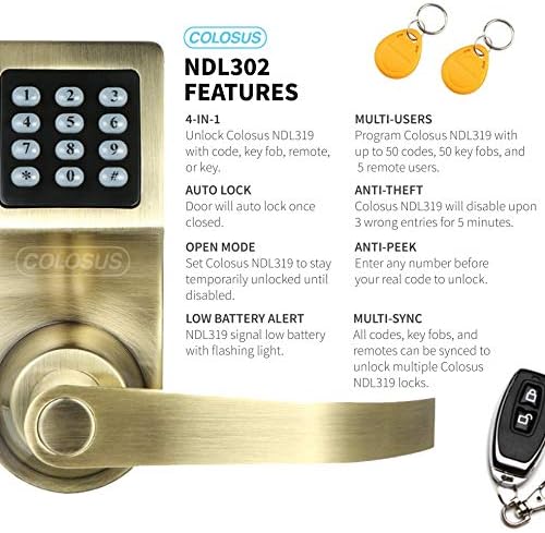 Colosus NDL302 Electronic Digital Keyless Door Lock, Keypad – Smartcode Security, Grant & Control Access for Home, Office (Gold - 4 Key Fobs) - Image 3