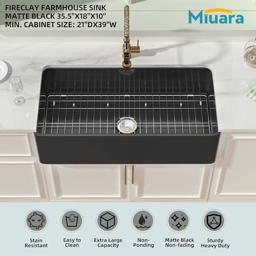 Miuara Farmhouse Sink 36 x 18 Inch Black Fireclay Apron Front Kitchen Sink - Image 2