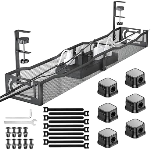 No Drill Under Desk Cable Management Tray, SONATURE 25.3" Cord Organizer for Table, Clamp Mount Desk Cable Management, Premium Carbon Steel Cable Organizer for Office, Home (Black) by SONATURE