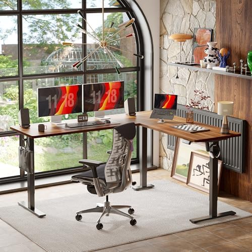 TIQLAB 75 x 61 inch L Shaped Standing Desk Adjustable Height, Electric Corner Standing Desk, Sit Stand Computer Table with Splice Board, Black Walnut - Image 6