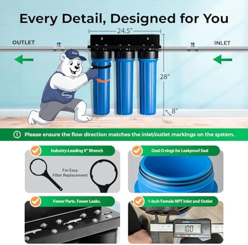iSpring WGB32B+AHPF12MNPT16X2 3-Stage Whole House Water Filter System, Reduces Chlorine, Sediment Home Water Filtration System w/ 3/4'' Push-Fit Braided Stainless Steel Hose Connectors - Image 4