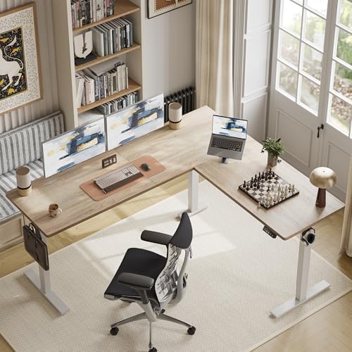 TIQLAB 75 x 61 inch Executive L Shaped Standing Desk Adjustable Height, Electric Corner Standing Desk, Sit Stand Computer Table with Splice Board, Maple - Image 7