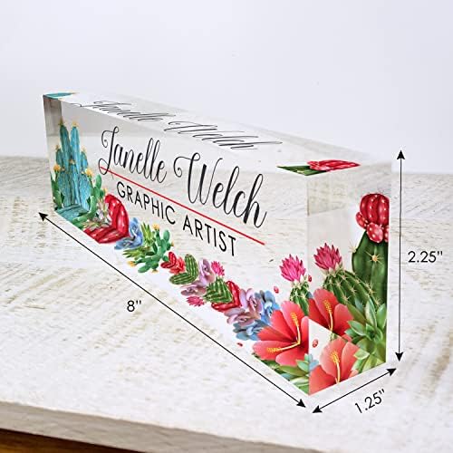 Artblox Office Desk Name Plate Personalized | Custom Name Plates for Desks | Cactus Design On Clear Acrylic Glass | Cute Office Desk Accessories Customized Gifts - (8" x 2.5") - Image 3