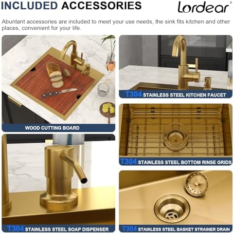 Lordear 18x18 Matte Gold Bar Sink with Faucet Drop In Workstation - Image 6