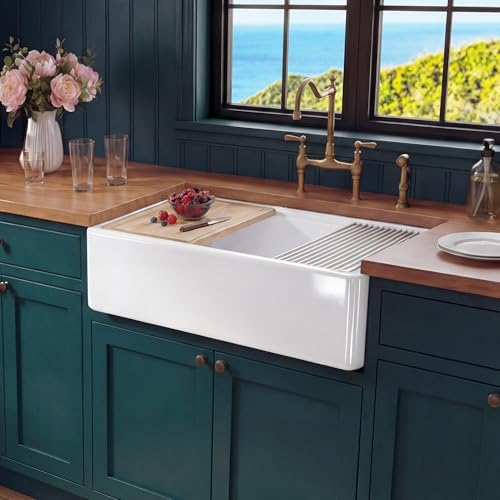 Miuara 30 x 20 Inch White Apron Front Farmhouse Workstation Kitchen Sink by Miuara