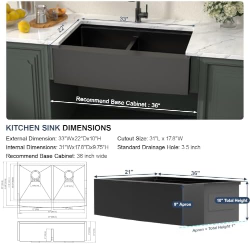 Lordear Matte Black Double Bowl Farmhouse Kitchen Sink Apront Front - Image 5