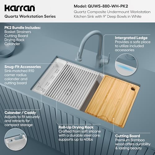 Karran 32.5 Inch Undermount Quartz Composite Workstation Kitchen Sink, 50/50 Double Bowl Low Divide with Color Matched Accessories, Cutting Board, Drying Mat, Colander & Strainers White - Image 3