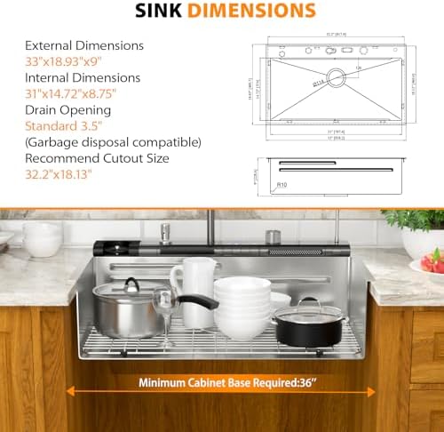 Mocoloo 33 Inch Honeycomb Waterfall Kitchen Sink - 33x19 Inch (Not 22") Drop in Workstation Sink, 16 Gauge Stainless Steel Topmount Single Bowl LED Display Sink with Complete Kit - Image 3