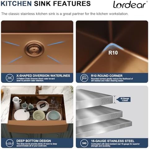 Lordear 33x21Inch Copper Tone Bronze Farmhouse Kitchen Sink Workstation SUS304 16-Gauge Stainless Steel Farmhouse Sink Apron Fron Farm Style Undermount Sinks, 33"x21"x10" - Image 6