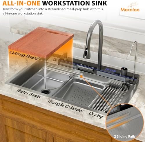 Mocoloo 33 Inch Honeycomb Waterfall Kitchen Sink Drop in, 33x19 Inch Stainless Steel Workstation Sink 16 Gauge Topmount Single Bowl Sink with Complete Kit - Image 5