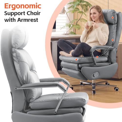 HUBSON 360° Swivel Big and Tall Faux Leather Executive Office Chairs, Grey - Image 3