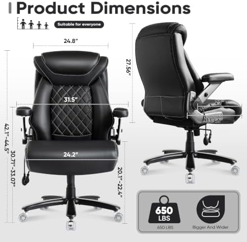 600LBS Large Big and Tall Office Chair, Heavy Duty Wide Ergonomic Gaming Office Chair with 5D Flip Arms, Comfy PU Leather Executive Office Desk Chair, Extra Wide Padded Seat, Adjustable Lumbar - Image 2