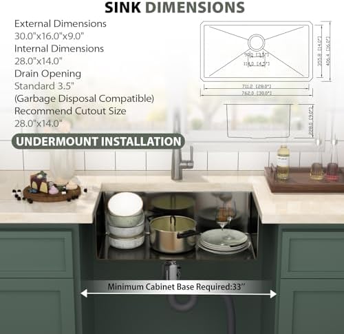 Mocoloo 30 Inch Gunmetal Black Undermount Kitchen Sink - 30" x 16" T304 Stainless Steel Handmade Single Bowl Round Corner Under Counter 9" Deep Basin - Image 2