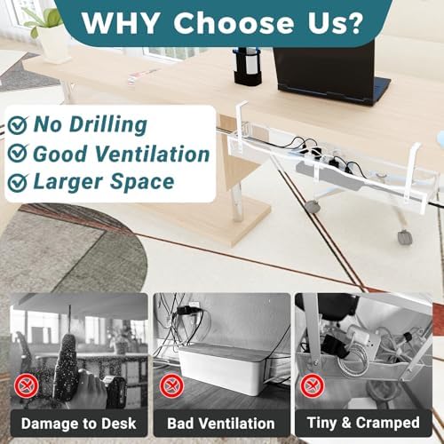 Cable Management Under Desk, 25.3'' No Drill Desk Cable Management Tray with Clamp, Metal Cord Organizer for Standing Desk, Computer Wire Management for Home Office & Gaming Setup, White - Image 4
