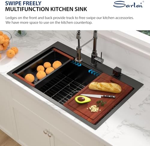 Sarlai 33 Matte Black Drop-In Kitchen Sink Workstation - 33x22 Inch Drop Kitchen Sink with Ledge NANO-Tech Black Topmount Round Corner 16 Gauge Stainless Steel Single Bowl Sinks Basin - Image 6