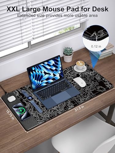 Mouse Pad with Wireless Charging, Large Desk Mat, Black Topographic Map #3 - Image 3