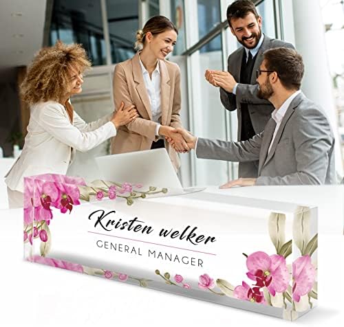 Desk Name Plate Personalized, Custom Name Plates for Desks, Office Desk Decor, Orchids Style Clear Acrylic Glass Block, Personalized Office Gifts for Women Men Boss Teachers Coworker Appreciation Gift - Image 4