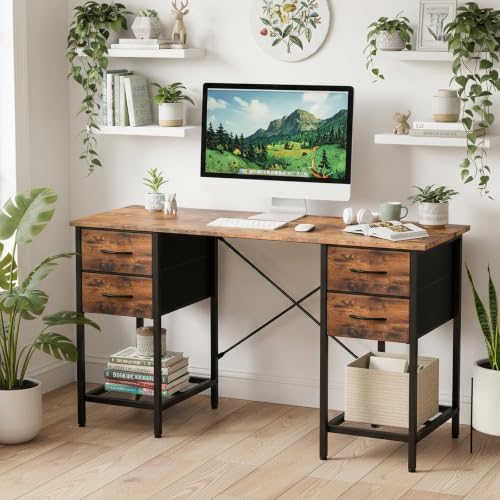 Sweetcrispy 56" Computer Desk with 4 Drawers and Shelve, Brown - Image 2