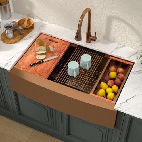 Lordear 36x21Inch Copper Tone Farmhouse Kitchen Sink Workstation SUS304 16-Gauge Stainless Steel Farmhouse Sink Apron Fron Farm Style Undermount Sinks, 36"x21"x10" - Image 3