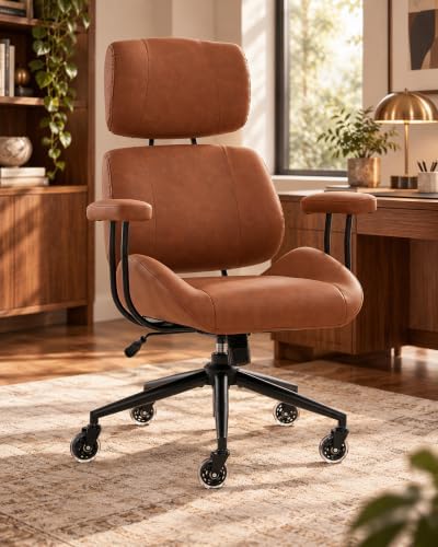 E-Motie Mid-Century Modern Desk Chair, Brown Ergonomic Leather Office Chair by E-Motie