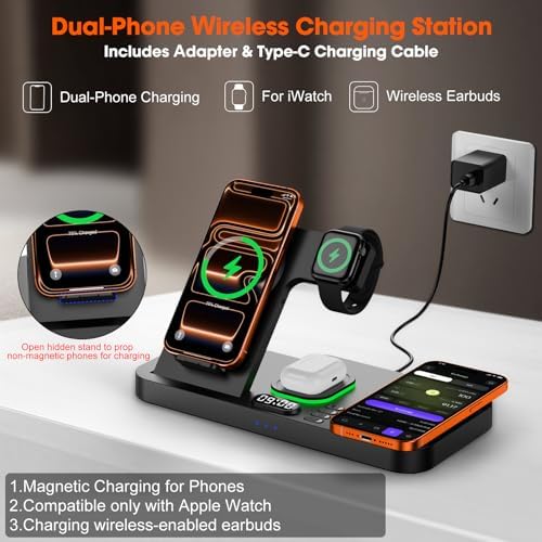 Dual Phone Magnetic Wireless Charging Station for Apple Devices, 7-Color Auto Light & 12H Clock, Multi-Device Charger foriPhone 18 Pro/18 Pro Max/17/16, for iWatch 11/10/9 & AirPods Pro3(Black - Image 3